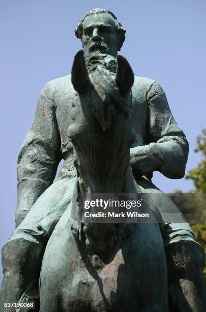 The statue of Confederate Gen. Robert E. Lee stands in the center of the renamed Emancipation Park on August 22, 2017 in Charlottesville, Virginia. A...