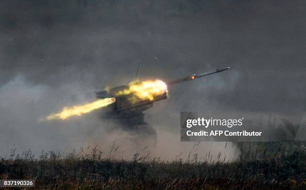 Russian 'Grad' multiple rocket launcher system fires in Kubinka Patriot Park outside Moscow on August 22, 2017 during the first day of the "Army...