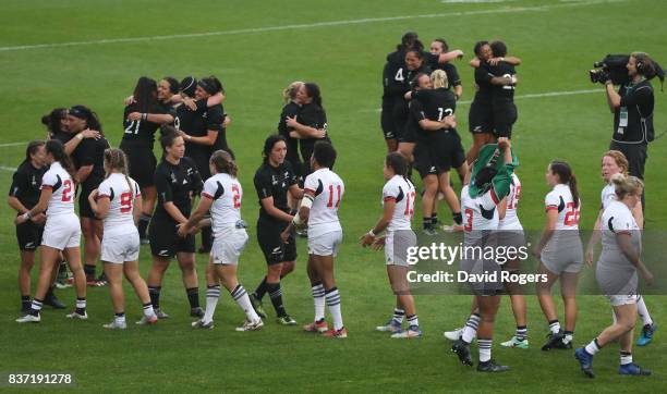 The New Zealand team celebrate their 45-12 victory during the Women's Rugby World Cup 2017 Semi Final match between New Zealand and the United States...