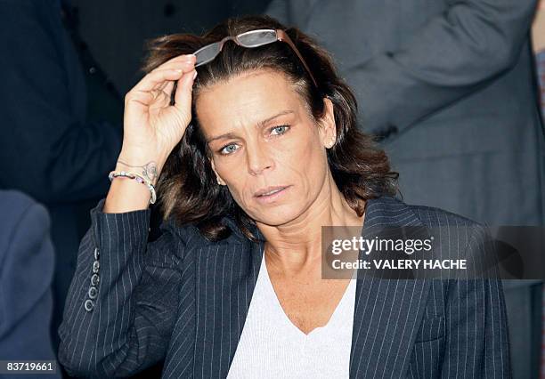 Princess Stephanie de Monaco leaves the Red Cross headquarters in Monaco after giving parcels to Monaco's residents during an annual charity...