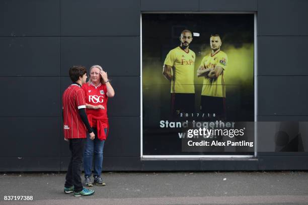 Fans arrive at the stadium before the Carabao Cup Second Round match between Watford and Bristol City at Vicarage Road on August 22, 2017 in Watford,...