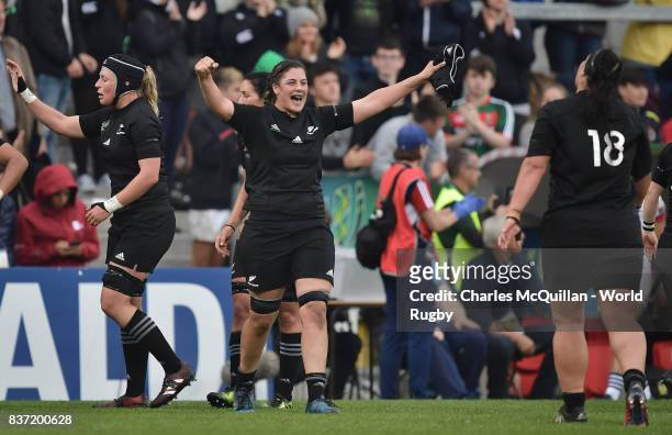 The New Zealand team celebrate their 45-12 victory during the Women's Rugby World Cup 2017 Semi Final match between New Zealand and the United States...