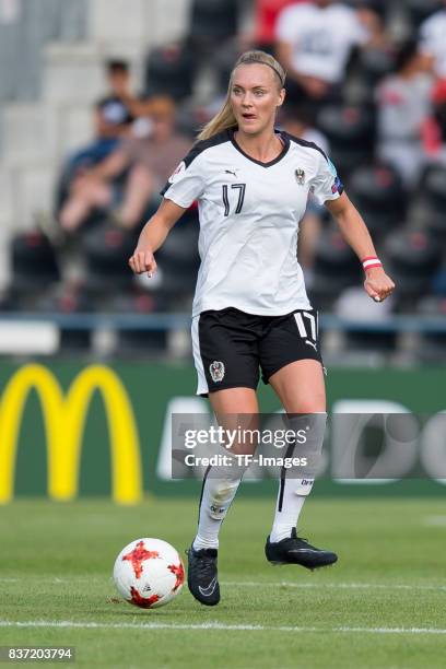 Sarah Puntigam of Austria controls the ball during the Group C match between Austria and Switzerland during the UEFA Women's Euro 2017 at Stadion De...