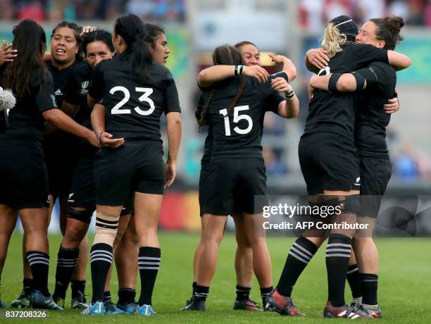 New Zealand players celebrate victory over USA at the Women's Rugby World Cup 2017 semi-final match between New Zealand and USA at The Kingspan...