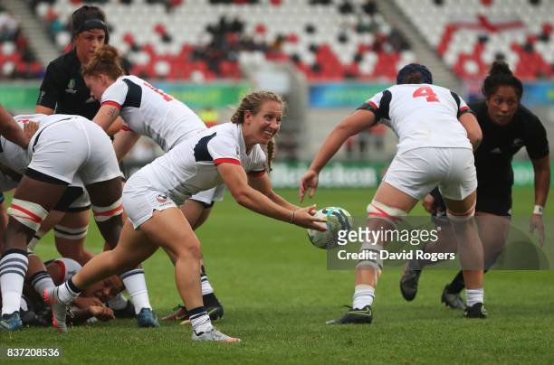 Deven Owsiany of the United States passes the ball out during the Women's Rugby World Cup 2017 Semi Final match between New Zealand and the United...