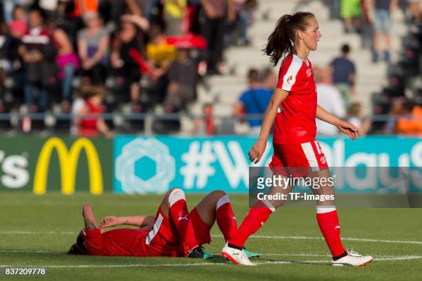 Vanessa Bernauer of Switzerland and Lia Waelti of Switzerland looks dejected after the Group C match between Austria and Switzerland during the UEFA...