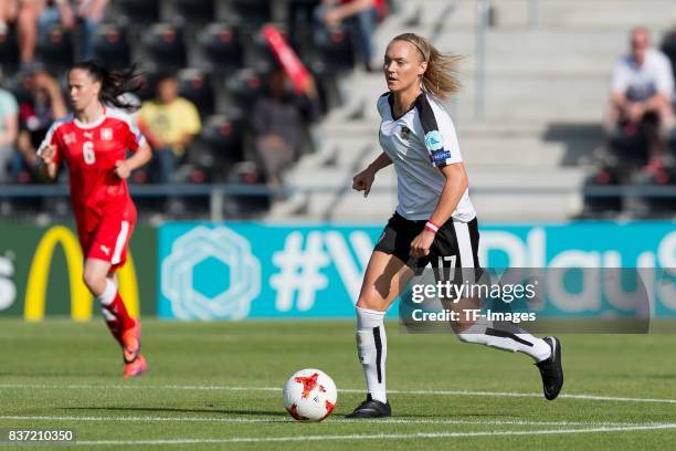 Sarah Puntigam of Austria controls the ball during the Group C match between Austria and Switzerland during the UEFA Women's Euro 2017 at Stadion De...