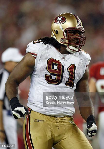 Ray McDonald the San Francisco 49ers celebrates his sack against the Arizona Cardinals during the third quarter at University of Phoenix Stadium on...