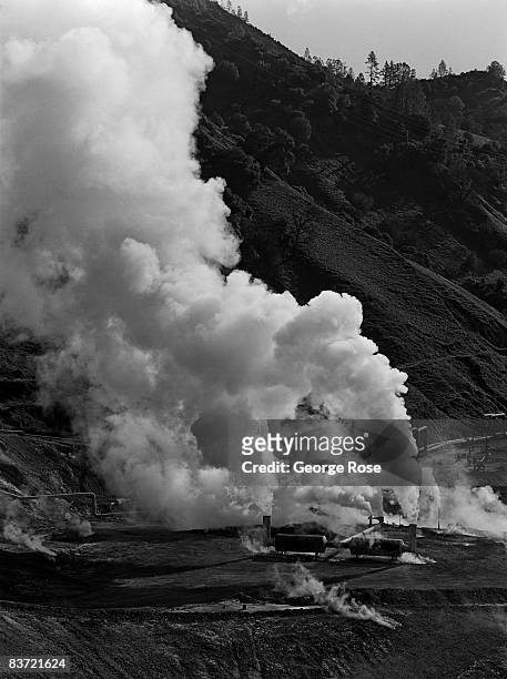 Steam billows from a turbine power plant that generates carbon and pollution free electrical energy in this 2008 Geyserville, California, photo. The...