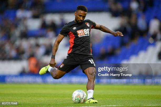 Jermain Defoe of AFC Bournemouth shoots while warming up prior to the Carabao Cup Second Round match between Birmingham City and AFC Bournemouth at...