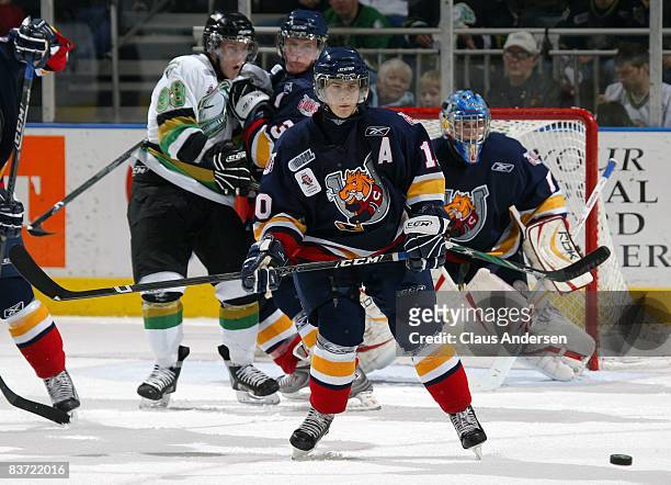 Alex Hutchings of the Barrie Colts gets set to block a shot in a game against the London Knights on November 14, 2008 at the John Labatt Centre in...
