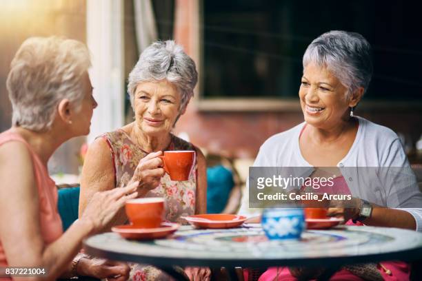 having coffee with the girls - senior women cafe stock pictures, royalty-free photos & images