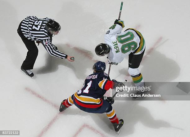 Philip McRae of the London Knights gets set to take a faceoff against Michael Sgarbossa of the Barrie Colts in a game on November 14, 2008 at the...