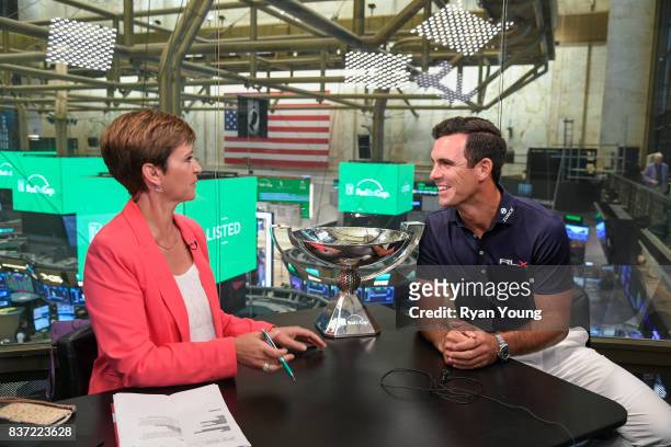 Billy Horschel speaks with CNNMoney host Maggie Lake at the New York Stock Exchange during a preview media tour for THE NORTHERN TRUST on August 22,...