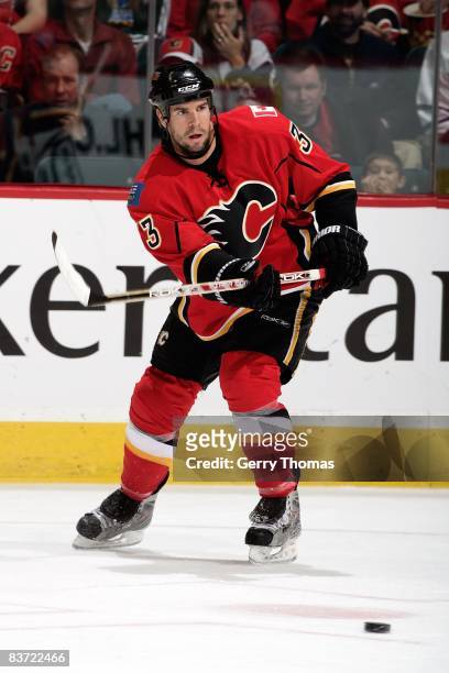 Adrian Aucoin of the Calgary Flames skates against the Toronto Maple Leafs on November 11, 2008 at Pengrowth Saddledome in Calgary, Alberta, Canada....