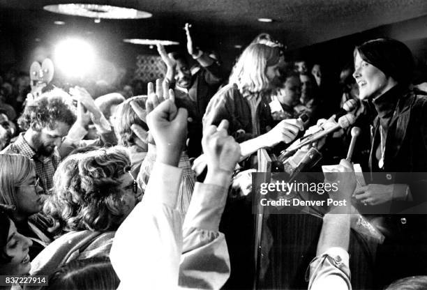 Happy Winner Mrs. Pat Schroeder, right, happily addresses gathering of about 600 Democrats at the party's headquarters in the Albany Hotel Tuesday...