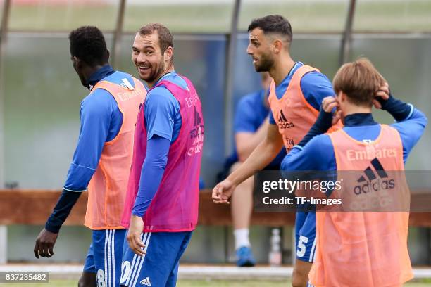 Pierre-Michel Lasogga of Hamburg laughs during the Training Camp of Hamburger SV on July 23, 2017 in Laengenfeld, Austria.