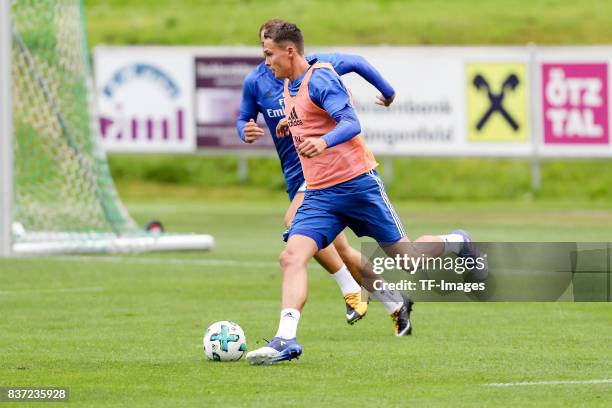 Bjarne Thoelke of Hamburg controls the ball during the Training Camp of Hamburger SV on July 23, 2017 in Laengenfeld, Austria.