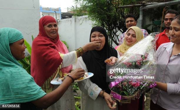 Shaista Amber, All India Muslim Women Personal Law Board President, celebrating the SC verdict on triple Talaq at her resident on August 22, 2017 in...