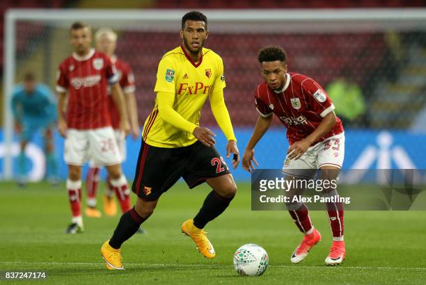 Etienne Capoue of Watford goes past Freddie Hinds of Bristol City during the Carabao Cup Second Round match between Watford and Bristol City at...