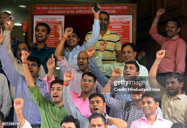 Bank employees stage a protest at Allahabad Bank, as part of one-day All India Bank Strike, on August 22, 2017 in New Delhi, India. Normal banking...