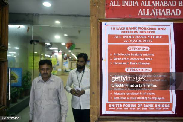 Bank employees on strike at Allahabad Bank, as part of one-day All India Bank Strike, on August 22, 2017 in New Delhi, India. Normal banking...