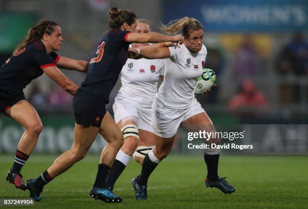 Rachael Burford of England takes on Caroline Ladagnous of France during the Women's Rugby World Cup 2017 Semi Final match between England and France...