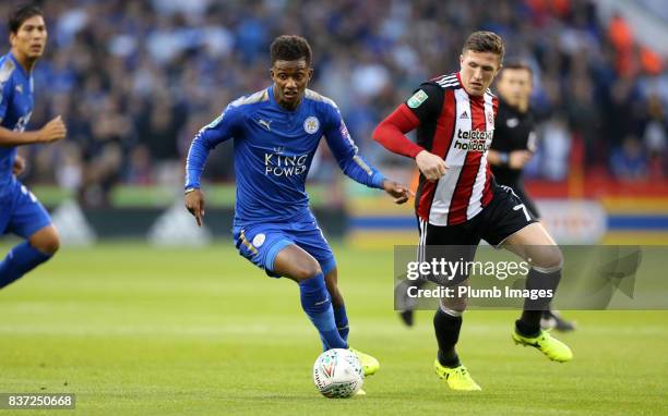 Demarai Gray of Leicester City in action with John Lundstram of Sheffield United during the Carabao Cup Second Round tie between Sheffield United and...