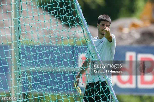 Elias Abouchabaka of RB Leipzig gestures during the Training Camp of RB Leipzig on July 21, 2017 in Seefeld, Austria.