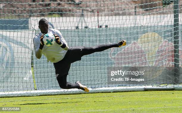 Goalkeeper Yvon Mvogo of RB Leipzig controls the ball during the Training Camp of RB Leipzig on July 21, 2017 in Seefeld, Austria.