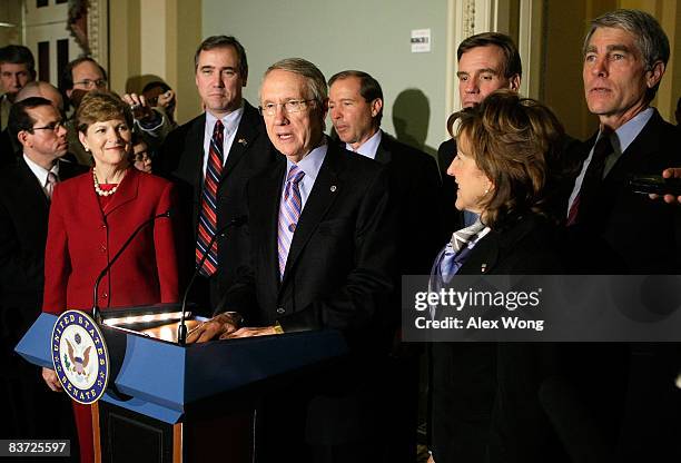 Senate Majority Leader Harry Reid speaks after meeting with freshman Democratic senators Senator-elect Jeanne Shaheen , Senator-elect Jeff Merkley ,...