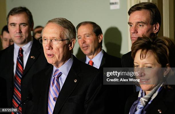 Senate Majority Leader Harry Reid speaks after meeting with freshman Democratic senators-elect Sen. Jeff Merkley , Sen. Tom Udall , Sen. Mark Warner...