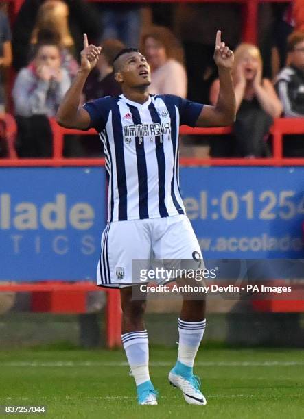 West Bromwich Albion's Solomon Rondon celebrates scoring his side's first goal of the game during the Carabao Cup, Second Round match at the Wham...