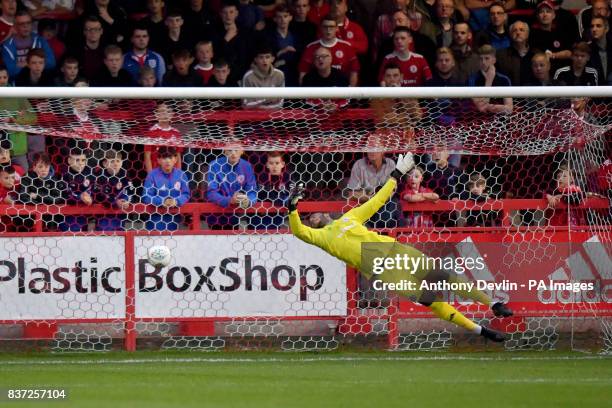 West Bromwich Albion's Solomon Rondon scores his side's first goal of the game during the Carabao Cup, Second Round match at the Wham Stadium,...