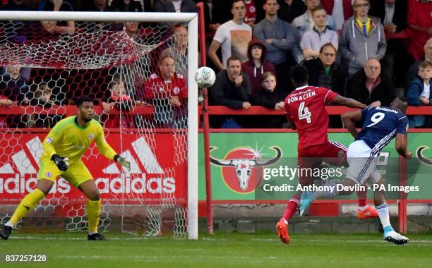 West Bromwich Albion's Solomon Rondon scores his side's first goal of the game during the Carabao Cup, Second Round match at the Wham Stadium,...