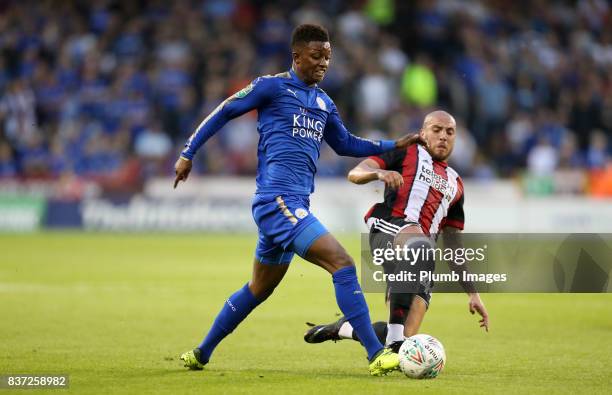 Demarai Gray of Leicester City in action with Samir Carruthers of Sheffield United during the Carabao Cup Second Round tie between Sheffield United...