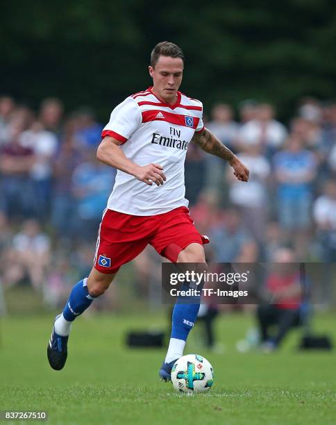 Bjarne Thoelke of Hamburg controls the ball during the preseason friendly match between Holstein Kiel and Hamburger SV at Gruemmi-Arena on July 19,...