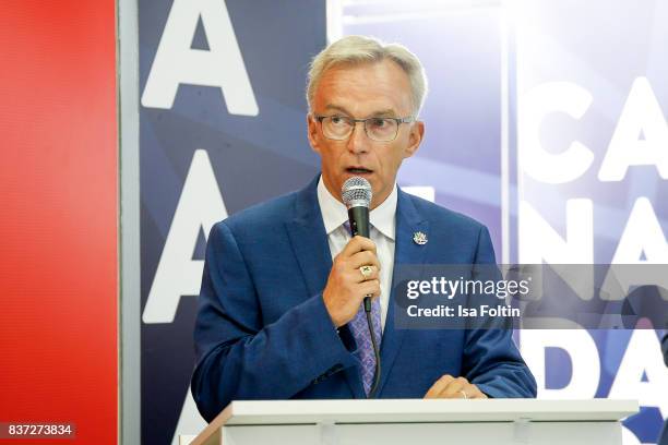 Sean Casey, parliamentary secretary to the Minister of Canadian Heritage, speaks during the Gamescom 2017 gaming trade fair on August 22, 2017 in...