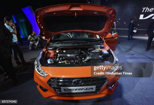 View of engine of newly launched 2017 Next Gen Verna on August 22, 2017 in New Delhi, India. The petrol variants of the fifth generation Verna are...