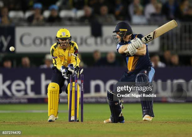 Gary Wilson of Derbyshire Falcons is bowled out by Liam Dawson of Hampshire during the NatWest T20 Blast at The 3aaa County Ground on August 22, 2017...