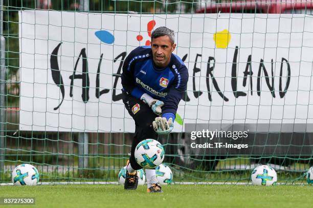 Goalkeeper Ramazan Oezcan of Bayer 04 Leverkusen controls the ball during the Training Camp of Bayer 04 Leverkusen on July 25, 2017 in Zell am...