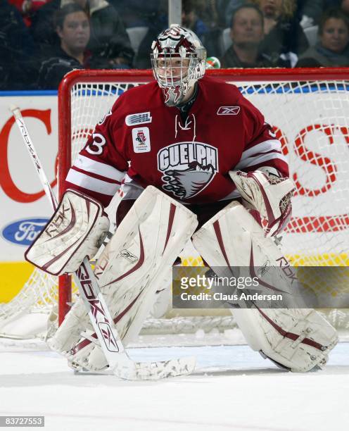 Thomas McCollum of the Guelph Storm waits for a shot in a game against the London Knights on November 16, 2008 at the John Labatt Centre in London,...