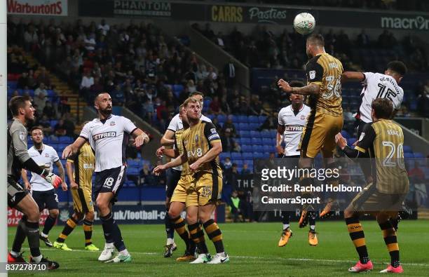 Bolton Wanderers' Antonee Robinson heads at goalduring the Carabao Cup Second Round match between Bolton Wanderers and Sheffield Wednesday at Reebok...