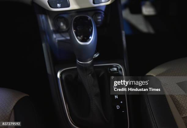 View of gear shift knob of newly launched 2017 Next Gen Verna on August 22, 2017 in New Delhi, India. The petrol variants of the fifth generation...