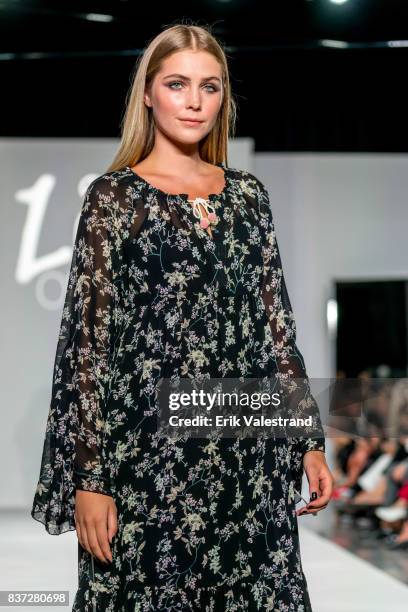 Model walks the runway at the Line Of Oslo show during the Fashion Week Oslo Spring/Summer 2018 on August 22, 2017 in Oslo, Norway.