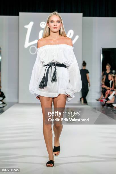 Model walks the runway at the Line Of Oslo show during the Fashion Week Oslo Spring/Summer 2018 on August 22, 2017 in Oslo, Norway.