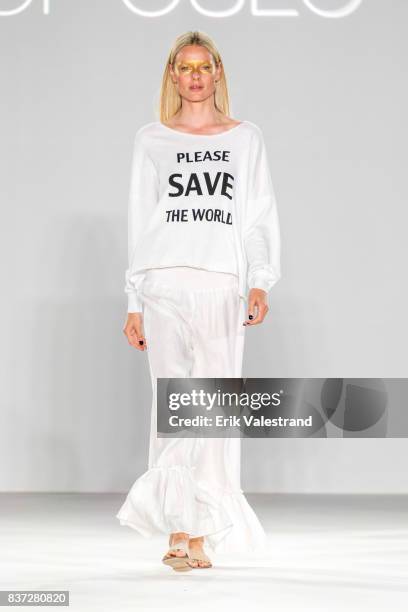 Model walks the runway at the Line Of Oslo show during the Fashion Week Oslo Spring/Summer 2018 on August 22, 2017 in Oslo, Norway.