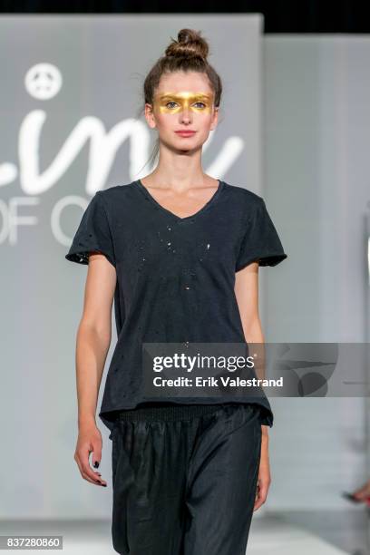 Model walks the runway at the Line Of Oslo show during the Fashion Week Oslo Spring/Summer 2018 on August 22, 2017 in Oslo, Norway.