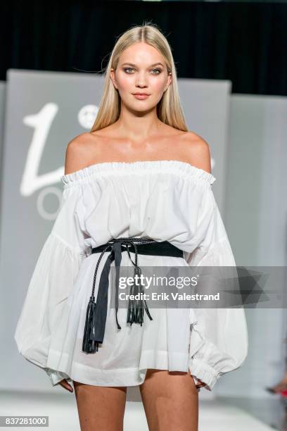 Model walks the runway at the Line Of Oslo show during the Fashion Week Oslo Spring/Summer 2018 on August 22, 2017 in Oslo, Norway.