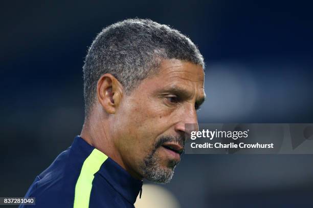 Chris Hughton, Manager of Brighton and Hove Albion looks on during the Carabao Cup Second Round match between Brighton & Hove Albion and Barnet at...